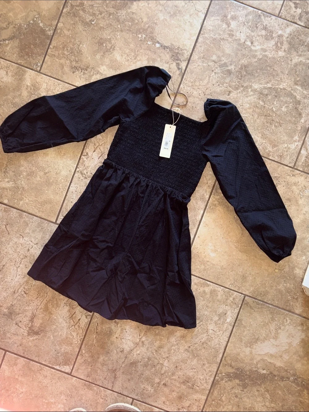 Copper Key Black Smocked Bodice Puff Sleeve Dress